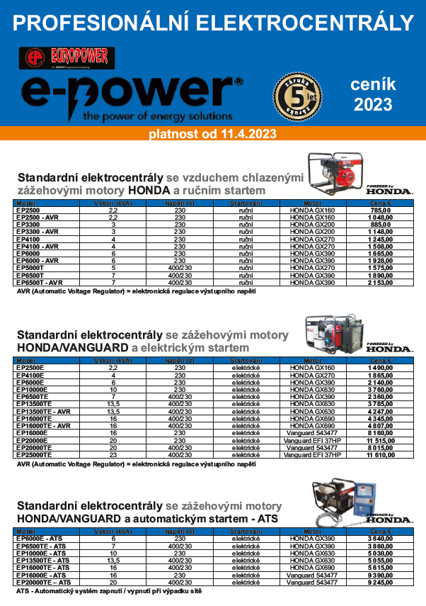 Europower - cenník elektrocentrál 2023