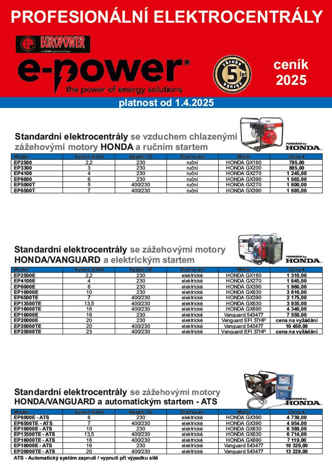 Europower - cenník elektrocentrál 2025
